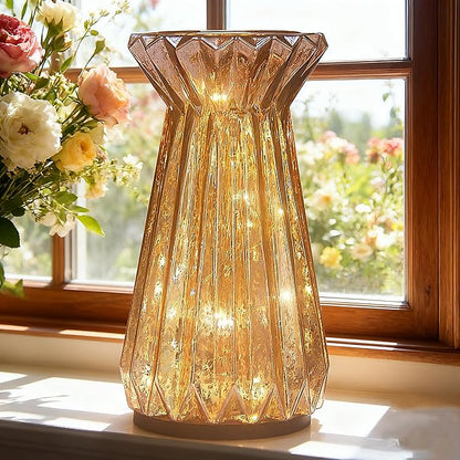 Home Decor, Mercury Glass Pillar Candle Pedestal Holders with led Lights, Lighted up Candle Holder for Pillar Candle, Glass Candlestick Holders with Timer for Wedding Dining Table Xmas (Rosegold)