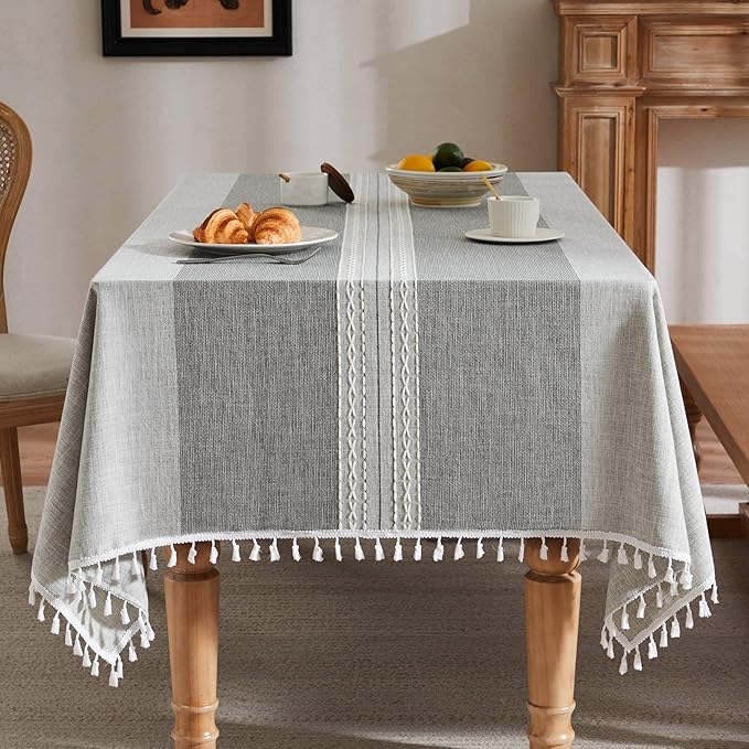 ZeeMart Contrast Linen Table Cloth Rectangle Table Cloths 60x84 Inch Mid-Stripe Grey, Farmhouse Style Heavy Weight Grey Tablecloth, Water Resistant Burlap Tablecloths