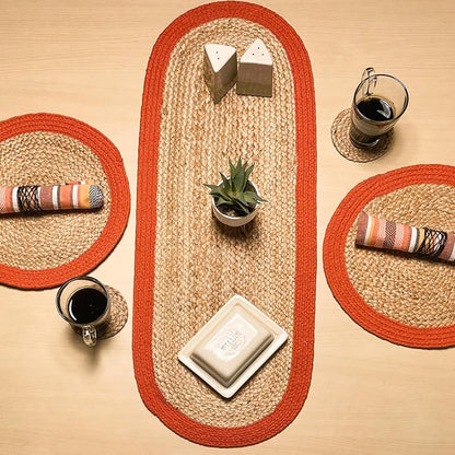 Verona Woven Jute & Cotton Table Runner, 13x36 Inches, Natural | Oval, Rust - Image 3