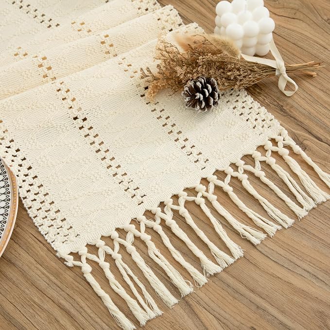Boho Cream Table Runner, 12x36 Inches | Tassels, Summer Farmhouse, Woven Cotton by Counfeisly