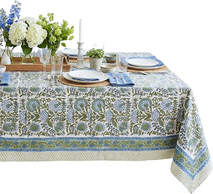 ATOSII Clover Blue 100% Cotton Rectangle Tablecloth, Handblock Floral Print Linen Table Cloth for Kitchen Dining I Parties, Outdoors, Fall Christmas Thanksgiving Holidays I 72 X 108 Inches I 8 Seater