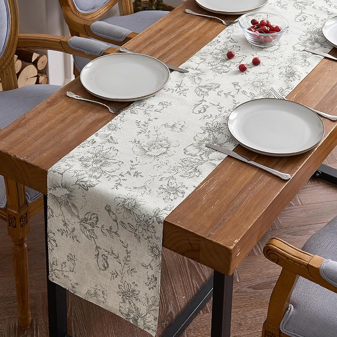 jinchan Grey Floral Linen Table Runner 13 x 108 Inch Farmhouse | Understated by JINCHAN
