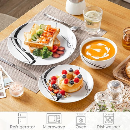 VEWEET Porcelain Dinnerware Sets for 4, 12 Pieces Plates and Bowls Set with Black and Grey Ribbon Lines, Dishes Set Dining Ware for Dinner, Microwave and Dishwasher Safe, Series FIONA