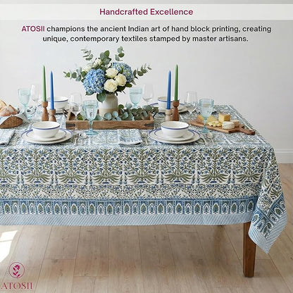 ATOSII Nargis Blue 100% Cotton Rectangle Summer Tablecloth, Indian Block Print Floral Table Cloth I Dining Parties Weddings Outdoors Holidays 60 X 108 Inches 8 Seater I Grandmillennial Farmhouse Boho