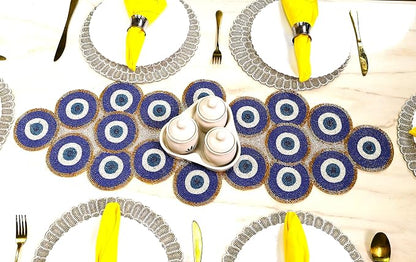Beaded Table Runner 13x36 Inch Blue Gold Multi Evil Eye Handmade Decorative - Image 5