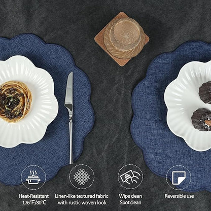 AHHFSMEI Round Faux Linen Placemats Set of 4 Waterproof Table Mats Heat Resistant Non-Slip and Stain Proof for Kitchen Dining Elegant Decor (Navy Blue,4)