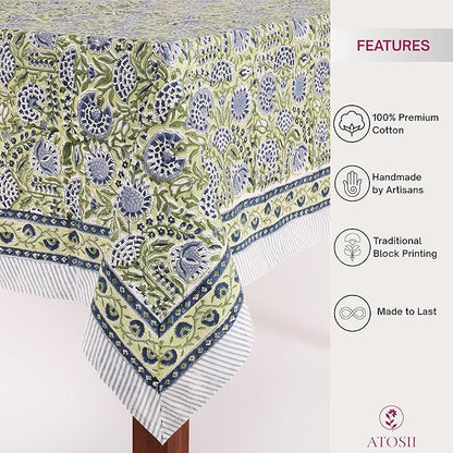 ATOSII Amara 100% Cotton Rectangle Fall Tablecloth, Handblock Floral Linen Table Cloth for Kitchen Dining Table I Parties Weddings Christmas I Fall Home Decor 60 X 108 Inches I 8 Seater