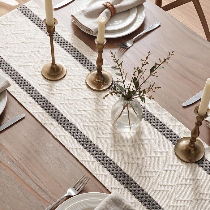 Artoid Mode Dark Grey Stripe Woven Rustic Table Runner 12x90 Inch | Holiday - Image 4