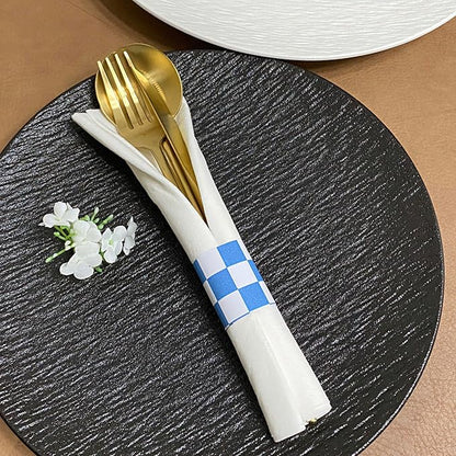 Germiwipe Paper Napkin Band Box of 500,Napkin Rings Self Adhesive,Silverware Wraps Bands (Blue White Grid, Blue White Grid-500pcs)