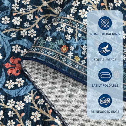 GarveeHome Dark Blue Floral 6 ft Round Rug Washable Non-Slip Soft Low Pile Small Circle Carpet Vintage Rugs for Kitchen Bedroom Nursery Dining Living Room