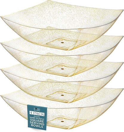 Posh Setting - Gold Glitter Plastic Serving Bowls for Party (64oz - 4 Pack) Square Bowls, Disposable Chip Bowls, Candy Bowls for Party Table, Salad Bowls for Party, Candy Containers for Candy Buffet