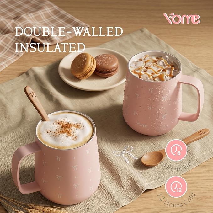 YOME 10oz Bow Light Pink Insulated Coffee Mug - Image 3