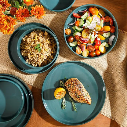 Bloomhouse - Two Time Oprah's Favorite Things Winner - Santorini Mist Double Bowl Terracotta Reactive Glaze Plates and Bowls Dinnerware Set - Jade Blue Green, Service for Four (16pcs)