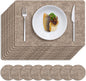 MOSAYT Placemats Set of 8, Heat Resistant Vinyl Place Mats with Coasters, Wipeable Washable 100% Waterproof Oil Proof Faux Leather Table Mats for Kitchen Dining Party Outdoor, 12" x 17", Khaki
