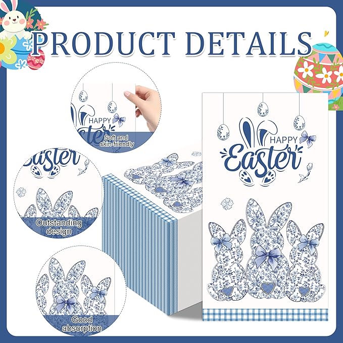 Easter Bunny Chinoiserie Napkins - 100 Pcs Blue White Happy Paper Dinner Disposable Party Decorations Sets Decorative Guest Cocktail Table Luncheon Beverage Supplies Decor Bulk 7.9 x 4.3 In