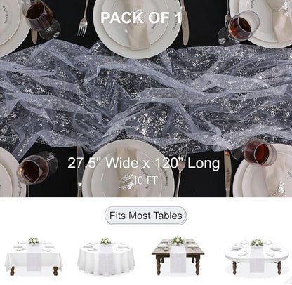 Snowkingdom White Silver Table Runner Gauze Sheer Tulle 10 FT 120 Inch Sparkly - Image 2