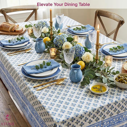 ATOSII Gulbahar Blue 100% Cotton Fall Rectangle Tablecloth, Handblock Print Floral Table Cloth for Kitchen Dining Linen I Thanksgiving Christmas Weddings Outdoors I 72 X 108 Inches I 8 Seater
