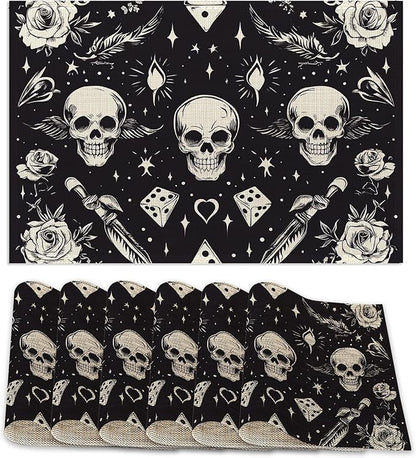 Skull Head Placemats Set of 6,Rose Table Mates Non-Slip Heat Resistant Washable Linen Place Mats for Party Kitchen Dining Decoration Indoor Outdoor 12"x18"