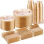 WELLIFE 600 PCS Gold Glitter Disposable Dinnerware Set for 100 Guests, Plastic Plates for Party, Including 100 Dinner Plates, 100 Salad Plates,Cups,Silverware Set for Wedding and Party Supplies
