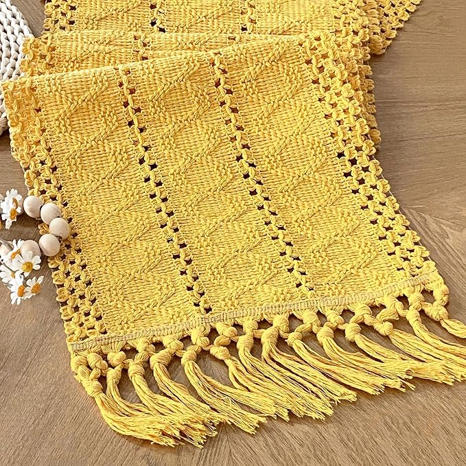 Yellow Table Runner with Tassels 12x90 Inch by FEXIA