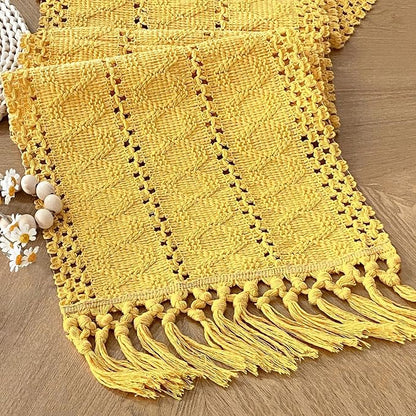 Yellow Table Runner with Tassels 12x90 Inch by FEXIA