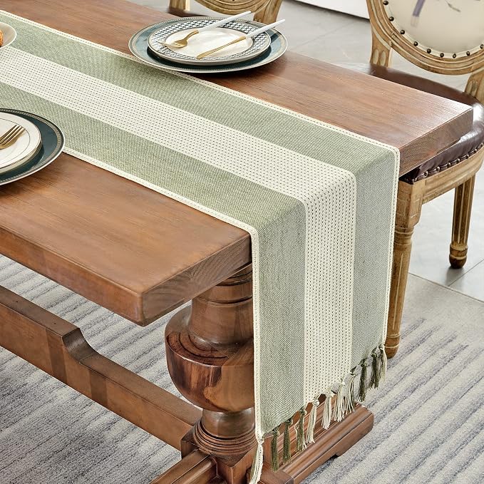 Wracra Linen Table Runner, Stripe Table Runners 72 Inches Sage Green | Delicate - Image 6