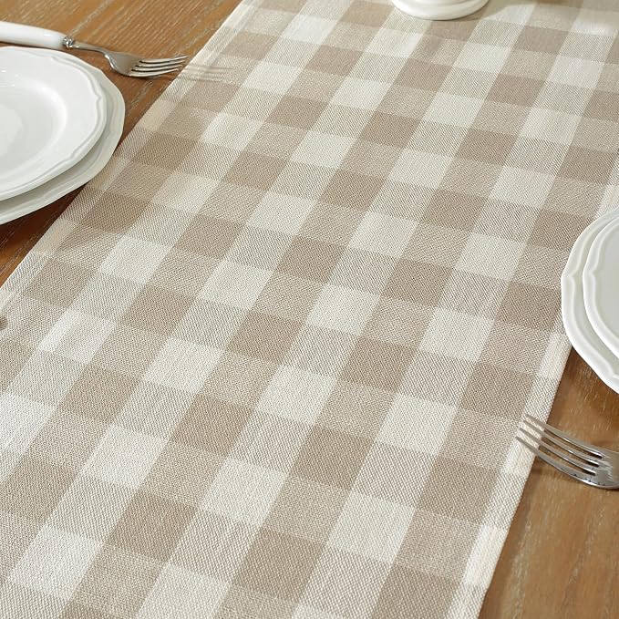 Laolitou Beige Checkered Table Runner, Cotton Linen Gingham Table Runners - Image 3