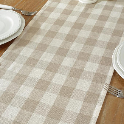 Laolitou Spring Beige Checkered Table Runner, Cotton Linen Gingham Table Runners - Image 3