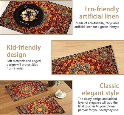 Ethnic Boho Placemats Set of 6, Southwest Orange Blue Teal Carpet Woven Texture Linen Washable Table Mats for Christmas, Thanksgiving, Party, and Dining 12x18 in