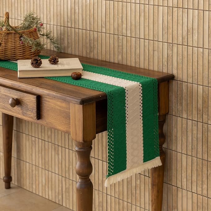 Keketoarrange Christmas Green Boho Table Runner 12x36 Inch | Woven Burlap - Image 7