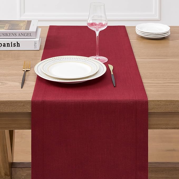 Linen Textured Border Table Runner, 14 x 48 Inch Red | Mitered Corner Design - Image 3