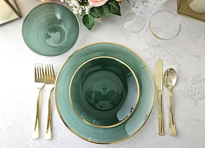 " OCCASIONS " 50 Plates Pack (25 Guests)-Wedding Party Disposable Plastic Plate Set -25 x 10'' Dinner + 25 x 7'' Salad & Dessert plates (Belize in Green & Gold)