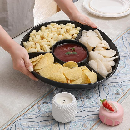 Chip & Dip Serving Tray Set, 4 Sectional Round Melamine Serving Platter, Relish Tray, Round Compartment Appetizer platter for Veggies, Candy and Snacks, Matte Black, Set of 2