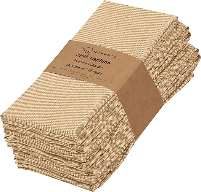 Ruvanti Cloth Napkins Set of 12, 18x18 Reusable Napkins Cloth Washable, Soft & Durable Table Napkin, Poly Cotton Fabric Dinner Napkins for Parties, Christmas, Thanksgiving, Weddings - Honey
