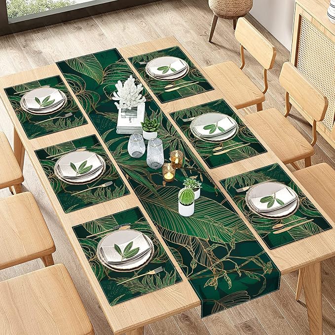 Table Runner and Placemats Set of 6, Tropical Palm | Leaves Geometric Green by ArtSocket