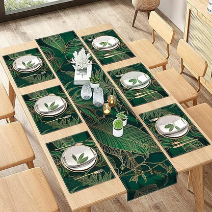 Table Runner and Placemats Set of 6, Tropical Palm | Leaves Geometric Green by ArtSocket