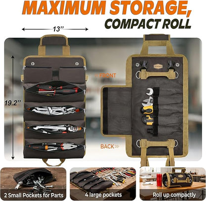 Canvas Tool Roll Up Bag for Men - Portable Wrench & Chisel Organizer Pouch with Carry Handle - Rugged Tool Wrap Storage for Carpenters, Plumbers, HVAC Techs & Home DIY (Brown)