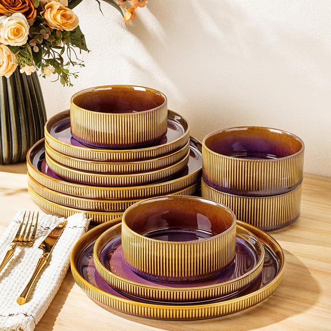 Ceramic Dinnerware Set for 4, 12-Piece Plates and Bowls Set | Lightweight by TheTerra