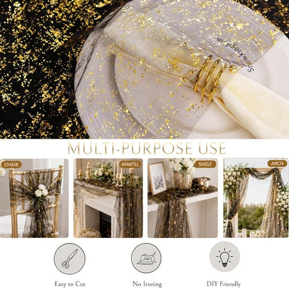 Snowkingdom 3 Pcs Black Gold Gauze Table Runner 10 FT 120 Inch, Sparkle Sheer - Image 6