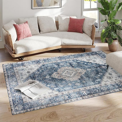 HOMCOM Washable Area Rug, 5'x7' Vintage Indoor Distressed Carpet, Retro Floor Cover Foldable, Floral Print Mat for Living Room, Bedroom, Dining Room, Blue