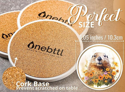 Onebttl Groundhog Gifts Coaster, Home Decor for Women, Moving, Housewarming, Set of 6, Ceramic, Absorbent with Cork Base