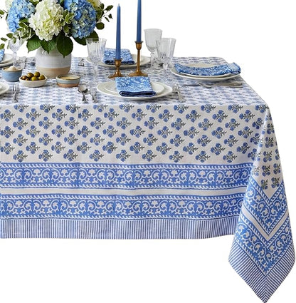 ATOSII Gulbahar Blue 100% Cotton Fall Rectangle Tablecloth, Hand Block Print Washable Table Cover, Christmas Parties Buffet Dining, Weddings, Thanksgiving Autumn Home Decor, 60 X 108 Inches 8 Seater