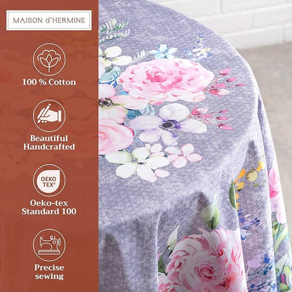 Maison d' Hermine Table Cloth Round Table 100% Cotton 63 Round Inches Tablecloth Reusable Decorative for Dining Room Farmhouse Home Valentines Day Decorations Spring Summer- Sweet Rose Lavender - Lush