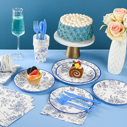 175Pcs Blue Floral Paper Plates and Napkins 25 Guests Blue Toile Chinoiserie - Image 4