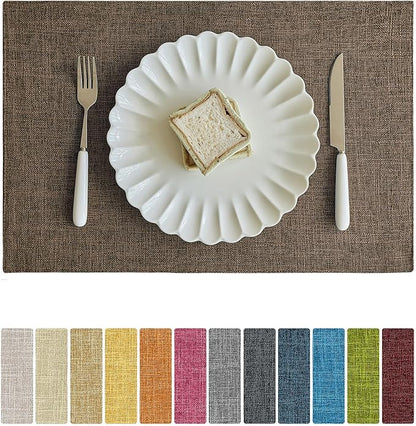 Softalker Faux Linen Placemats Set of 4-12 x 18 Inch, Heat Resistant Double Layered Durable Burlap Farmhouse Place Mats, Non-Slip Washable Rustic Table Mats for Dining, Kitchen, Party（Brown