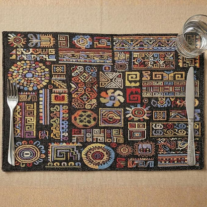 DaDa Bedding Bohemian Ethnic Ornaments Tapestry Placemats - Set of 4-Pieces Greek Ethnic Calligraphy Geometric Colorful Dark Black Design - Decorative Cotton Woven Kitchen Dining Mats - 13” x 19”