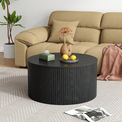 Round Fluted Lift Top Coffee Table, Mid Century Modern Center Table with Storage and Compartment, 2 Tier Small Circle Dining Table, for Living Room, Home Small Space, Black