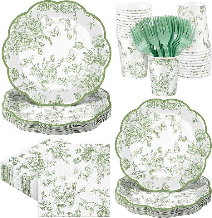 Kochorie 144 Pieces Sage Green Floral Paper Plates and Napkins Party Supplies by Kochorie