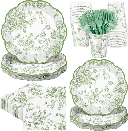 Kochorie 144 Pieces Sage Green Floral Paper Plates and Napkins Party Supplies by Kochorie
