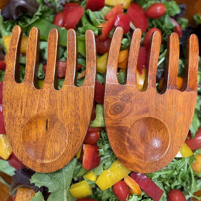 Woodard & Charles Wood Salad Hands Servers, Cherry Stain | Wood Serving Bowl - Image 2